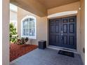 Inviting covered entryway with double doors, decorative landscaping, and a view of the home's exterior at 7852 Stoney Hill Dr, Wesley Chapel, FL 33545