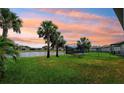 Expansive backyard with lush green grass, palm trees and a trampoline, all against a stunning sunset sky near the waterfront at 8496 Starlight Loop, Parrish, FL 34219