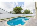 Backyard pool and spa with a blue tile border, surrounded by a white fence and lush landscaping at 12204 Coldstream Ln, Tampa, FL 33626