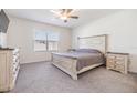 Bright bedroom featuring neutral tones, a ceiling fan, and ample natural light at 33922 Jasper Stone Dr, Wesley Chapel, FL 33543