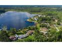 Aerial view of lakefront home with outlined property, mature trees, and a tranquil lake view at 1834 Daiquiri Ln, Lutz, FL 33549