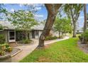 Single-story home with charming walkway, green lawn, and mature trees at 39650 Us Highway 19 N # 143, Tarpon Springs, FL 34689