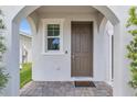 Inviting entryway with a decorative front door, brick pavers, and architectural details at 11847 Brighton Knoll Loop, Riverview, FL 33579