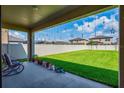 Spacious backyard with a lush green lawn, privacy fence, and covered patio, perfect for outdoor living at 12650 Shetland Walk Dr, Lithia, FL 33547