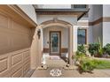 Inviting front entrance with decorative door, potted plants, and welcoming lion statues at 5057 Ivory Stone Dr, Wimauma, FL 33598