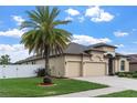 Landscaped front view featuring a large yard and a mature palm tree adding to the curb appeal at 8511 White Poplar Dr, Riverview, FL 33578