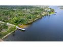 Scenic aerial view of waterfront property showcasing the dock and lush greenery at 9908 Alafia River Ln, Gibsonton, FL 33534
