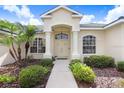 Elegant front door entrance with decorative columns and mature landscaping at 1212 Baycove Ln, Lutz, FL 33549