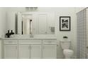 Bright bathroom featuring a single sink vanity with white cabinets, framed art, and a shower with decorative curtain at 31561 Cardinal Yard Dr, San Antonio, FL 33576