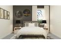 Stylish bedroom featuring a cozy bed, modern black lamps, and trendy decor, complemented by a large window at 31561 Cardinal Yard Dr, San Antonio, FL 33576