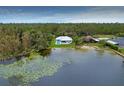Aerial view of the estate home with lake frontage, boat dock and private in ground pool at 8701 Lake Calm Ln, Odessa, FL 33556