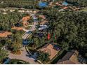 Aerial view showcases the neighborhood with mature trees, a serene lake, and well-maintained streets in a tranquil setting at 4962 Turtle Creek Trl, Oldsmar, FL 34677