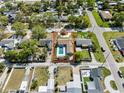 Aerial view of a well-maintained property with a large pool, surrounded by lush greenery and neighborhood charm at 715 39Th Ne Ave, St Petersburg, FL 33703