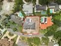 Aerial view showcases a property with a spacious lot, outlined in red, in a neighborhood with pools at 944 31St Ne Ter, St Petersburg, FL 33704