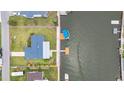 Aerial view highlighting the home's position, boundaries, and proximity to a private dock on a canal at 4976 Cedarbrook Ln, Hernando Beach, FL 34607
