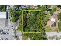 Aerial view showing a tree covered square parcel surrounded by commercial business and residences at 717 E 137Th Ave, Tampa, FL 33613