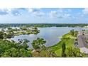 Waterfront property showing tranquil lake view with mature trees and the city skyline in the background at 7304 Lakeside Blvd, Tampa, FL 33614