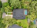 Aerial view of home showcasing a sparkling backyard pool, lush landscaping, and a spacious backyard at 16039 Ternglade Dr, Lithia, FL 33547