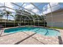 Inviting screened-in pool and jacuzzi area, with brick patio and lush greenery at 18518 Bittern Ave, Lutz, FL 33558