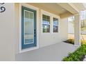 The home boasts a charming front porch with a stylish blue door, inviting windows, and manicured landscaping at 2039 Amelia Bay Pl, Valrico, FL 33596