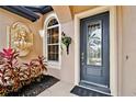 Inviting front entrance with decorative door, elegant sidelight window, lion fountain, and lush tropical plants at 15135 Azra Dr, Odessa, FL 33556