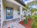 Charming front entrance with a blue door, covered porch, and well-maintained landscaping at 3063 Marine Grass Dr, Wimauma, FL 33598