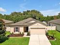 Beautiful one-story home featuring a well-manicured lawn, neutral tan paint, and a two-car garage at 12428 Chaya Ct, Spring Hill, FL 34610