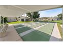 Recreational shuffleboard courts in a community featuring multiple lanes under a covered structure for residents enjoyment at 37420 Teaberry Loop, Zephyrhills, FL 33542