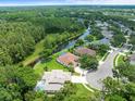 Aerial view of a home showcasing the proximity to a river, backyard with screened-in porch, and a cul-de-sac street at 6127 Cezanne Ave, Lutz, FL 33558