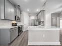 Stylish kitchen with gray cabinetry, stainless steel appliances, a white countertop, and modern fixtures at 2330 Hiers Rd, Dover, FL 33527