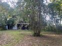 Exterior view of rear of property surrounded by large trees and an overgrown yard at 25425 Olympia Rd, Brooksville, FL 34601