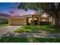 Charming tan home with a two-car garage, well-manicured lawn, and a front yard featuring lovely palm trees at 4418 River Overlook Dr, Valrico, FL 33596