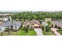 Aerial view of a yellow home on a lushly landscaped lot near a lake at 10641 Cory Lake Dr, Tampa, FL 33647