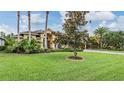 Well-manicured lawn with mature trees in front of a yellow home at 10641 Cory Lake Dr, Tampa, FL 33647