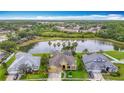 Overhead view of home showcasing large backyard, pool, landscaping, and pond at 1443 Obear Ct, Wesley Chapel, FL 33543