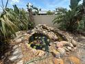 Backyard pond with rock features, lush greenery, and water lilies, creating a serene outdoor escape at 1559 San Roy Dr, Dunedin, FL 34698