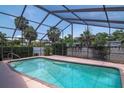 Inviting screened-in pool area with clear blue water and surrounding tropical landscaping, perfect for relaxation at 2120 S Hesperides St, Tampa, FL 33629