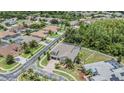 Aerial view of a beautiful neighborhood showcasing the property's location, screened pool, and mature landscaping at 3656 Kalanchoe Pl, Wesley Chapel, FL 33544