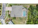 Aerial view of the property showcasing the screened-in pool, spacious backyard, and lush surrounding landscaping at 3656 Kalanchoe Pl, Wesley Chapel, FL 33544