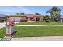 Inviting home with a lush lawn, manicured shrubbery, palm trees, and a quaint mailbox at 14168 Fennsbury Dr, Tampa, FL 33624
