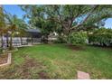 Lush backyard showcasing mature trees, green grass, and a screened-in pool area at 9674 104Th Ave, Largo, FL 33773