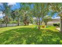Expansive backyard featuring lush green grass, mature trees, privacy fence, and play area at 10833 Breaking Rocks Dr, Tampa, FL 33647