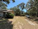 Large grassy backyard surrounded by mature trees with a car parked in the distance at 2033 Aaron Pl, Clearwater, FL 33760