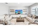 Comfortable living room with modern decor, plush seating, and a large entertainment center at 33716 Elm Hill Br, Wesley Chapel, FL 33545