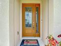 Inviting front door with glass detailing, a 'Welcome' mat and side-light window at 11291 Cay Spruce Way, San Antonio, FL 33576