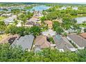 This residential aerial view shows a neighborhood with lake access, mature trees, and swimming pools at 1611 Cresson Ridge Ln, Brandon, FL 33510