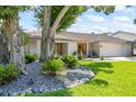 Landscaped front yard featuring mature trees, rock gardens, and a well-maintained lawn at 2900 Sandpiper Pl, Clearwater, FL 33762