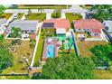 Aerial view of a home showcasing a private pool, fenced yard, and outdoor living space with mature landscaping at 4360 82Nd N Ave, Pinellas Park, FL 33781