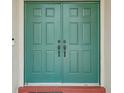 Close-up of the double doors, featuring dark hardware and a vibrant green finish at 8124 Brinegar Cir, Tampa, FL 33647
