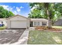 Charming single-story home with a well-maintained lawn, mature tree, and an attached two-car garage at 12910 Leadwood Dr, Riverview, FL 33579